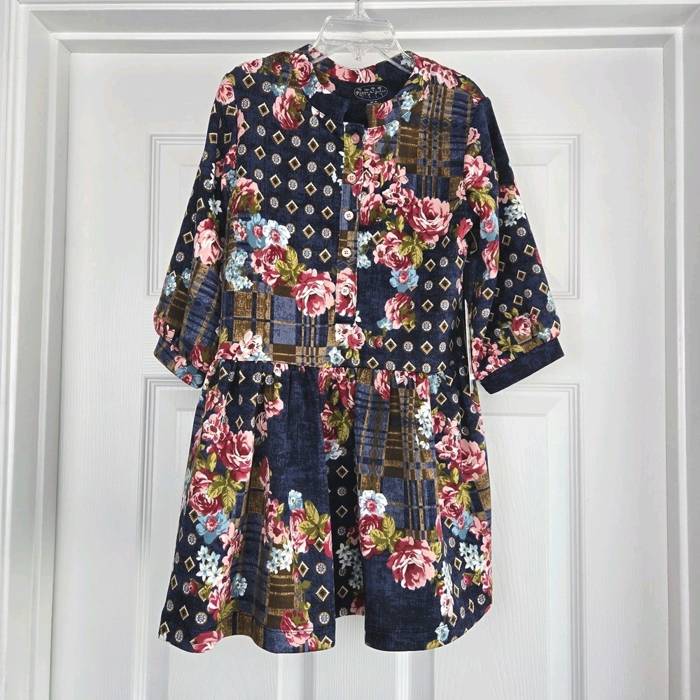 Pippa & Julie Blue Floral Patchwork Print Dress Girls‎ Size 6 Boho Drop Waist